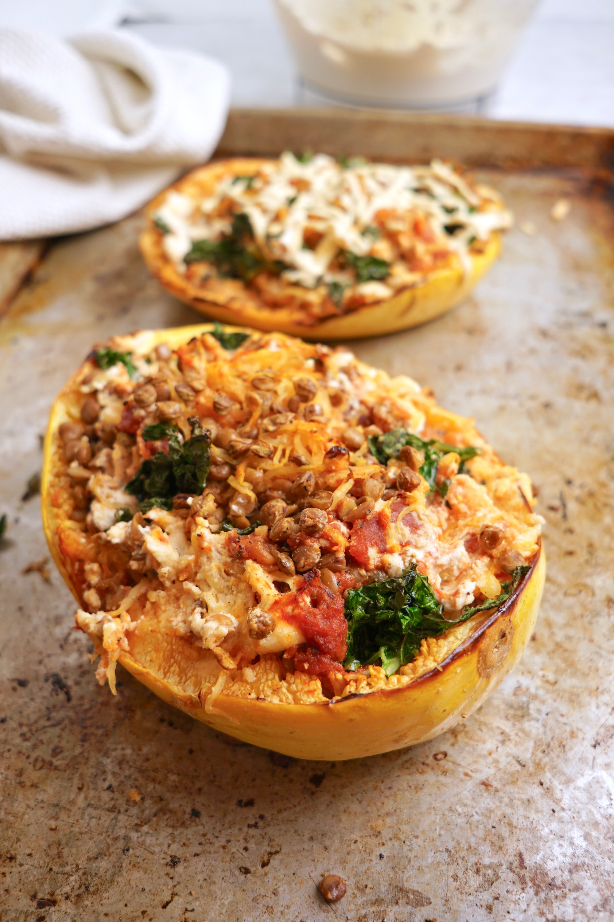 spaghetti squash boats with vegan ricotta