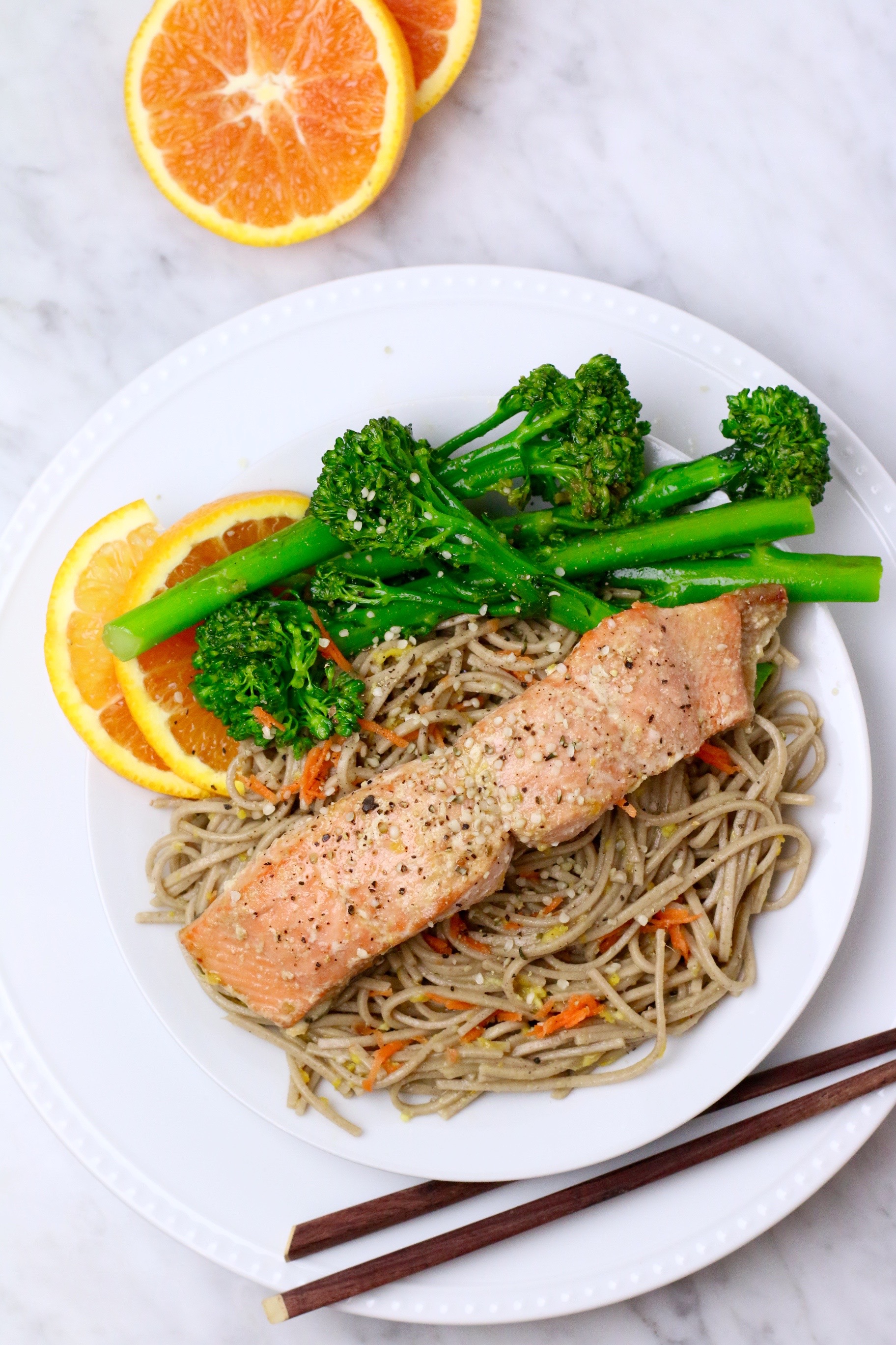 orange ginger salmon and soba noodles