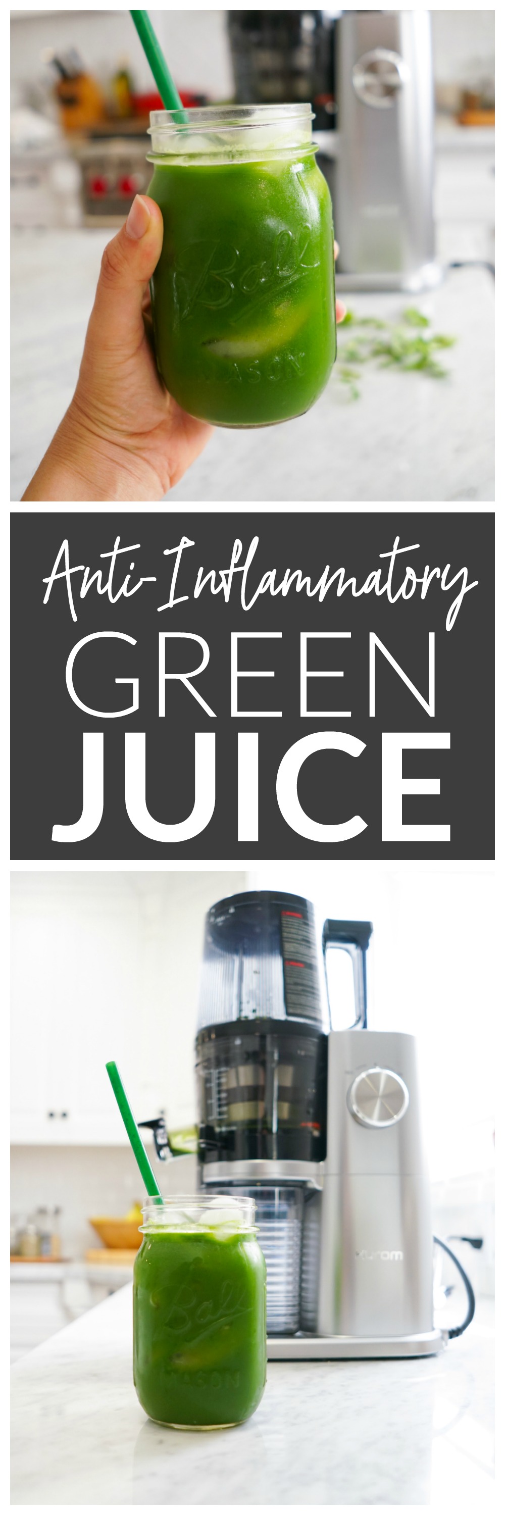 Anti-Inflammatory Green Juice made with pineapple, kale, spinach, arugula, ginger, turmeric, and black pepper.
