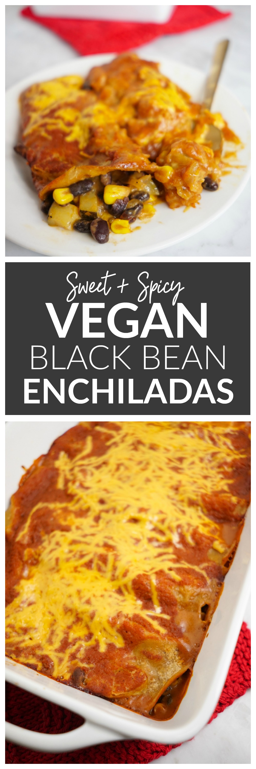 Sweet N' Spicy Vegan Black Bean Enchiladas with a peach enchilada sauce