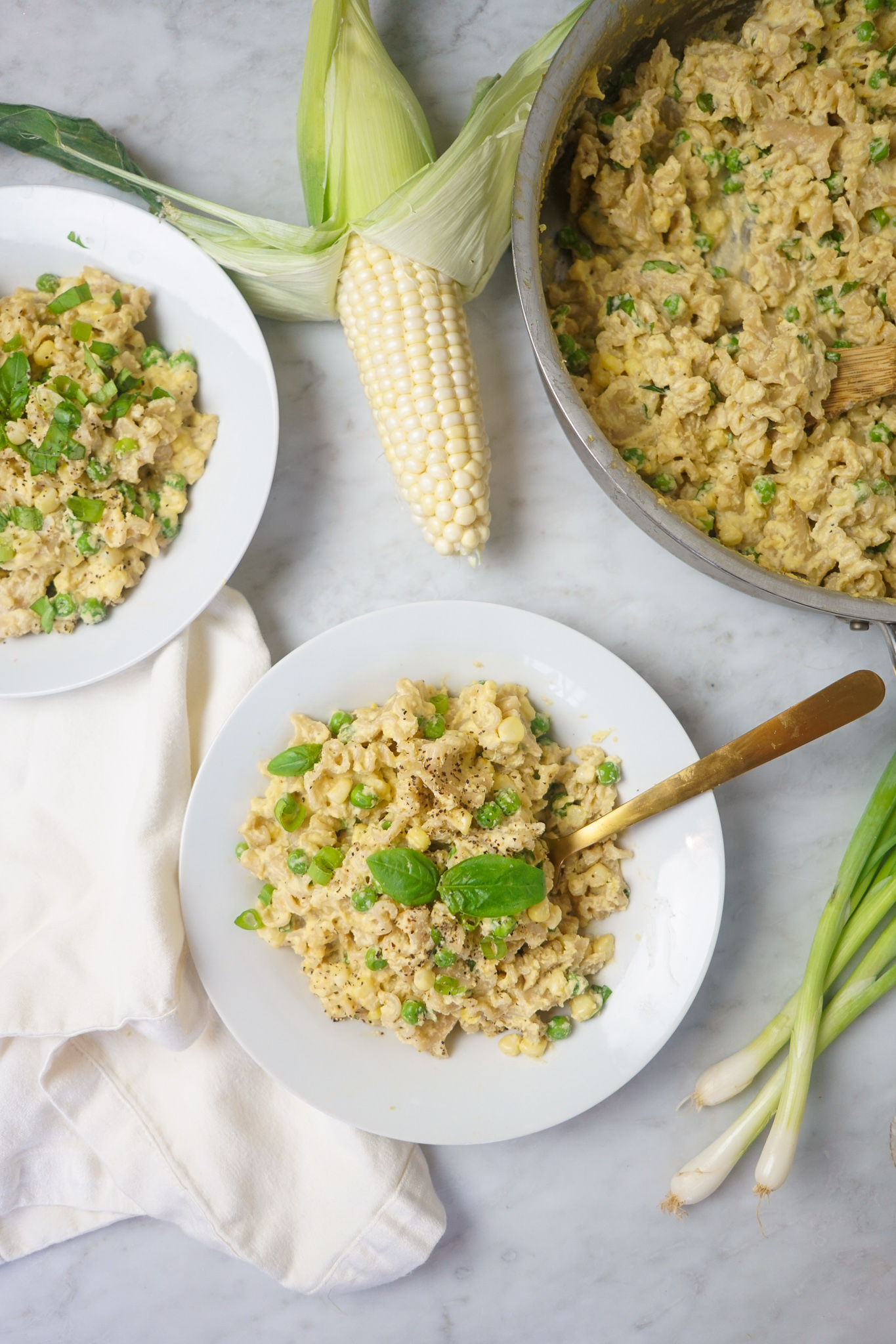 creamy sweet corn pasta with scallions